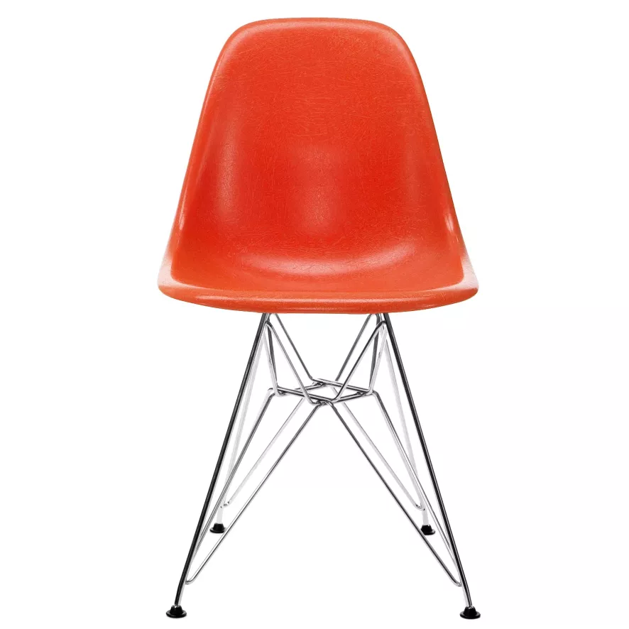 Vitra Eames DSR Fiberglass Stoel Chroom Onderstel, Red Orange 1 Vitra Eames DSR Fiberglass Stoel Chroom Onderstel, Red Orange