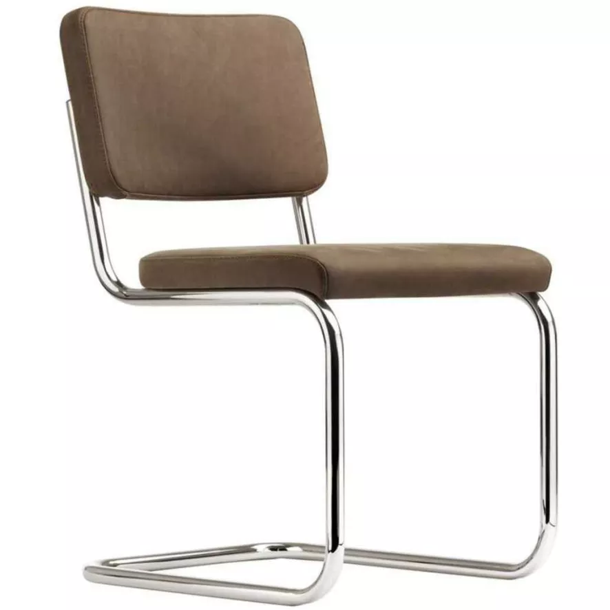 Thonet S32 PV Stoel Nubukleder Medium Bruin, Chroom Onderstel 1 Thonet S32 PV Stoel Nubukleder Medium Bruin, Chroom Onderstel